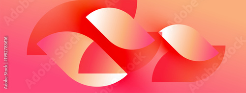 Abstract design features flowing red shapes, gradient colors. Warm tones dominate composition, creating dynamic visual effect.