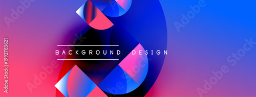 Abstract vibrant design features overlapping shapes, gradients. Pink, blue hues create dynamic visual effect. Text reads background design.