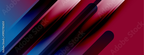 Abstract geometric design. Diagonal lines create dynamic composition. Blue, purple, red gradients dominate visual space. Modern aesthetic.