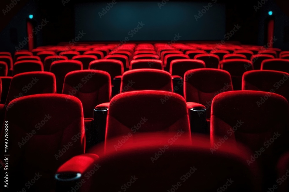Fototapeta premium Empty dark movie theater with rows of red velvet seats facing a blank screen, quiet and anticipatory mood