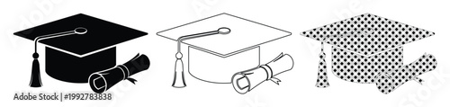 Schilderij op canvas Graduation cap and diploma scroll icons, academic mortarboard with tassel vector