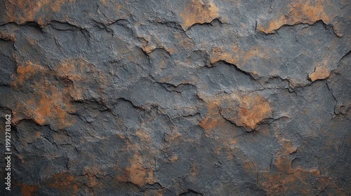 Close-up of weathered corroded metal with peeling dark paint and orange rust patches, rough cracked texture evoking decay and industrial aging