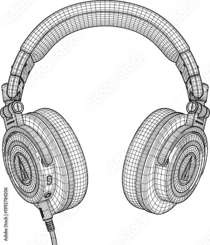 Over ear headphones wireframe illustration, detailed audio device mesh model with 3D structure for music technology and digital product design