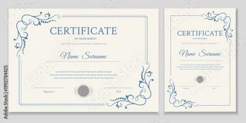 Certificate template with blue floral ornaments in horizontal and vertical layouts. Elegant vintage style for professional awards, diplomas, and appreciation. Vector illustration set.
