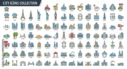 Collection of City Icons and Landmarks in a Grid Layout.