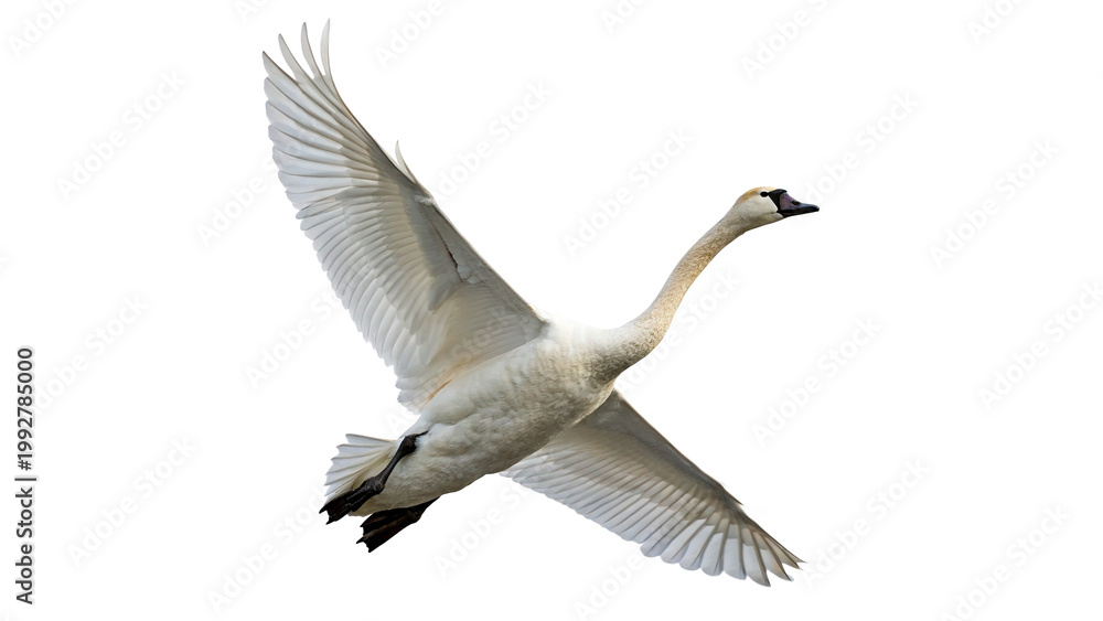Obraz premium Swan flying over a white background with its wings spread wide in a natural pose on a transparent background