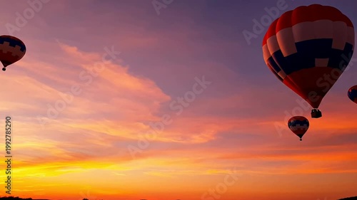 Colorful hot air balloons silhouetted against sunset sky