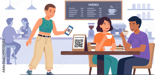 Waiter takes order from couple at restaurant table with menu