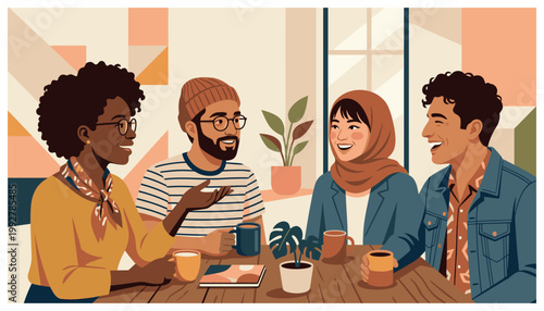 Diverse group of friends laughing together.