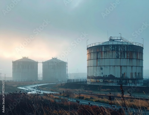 Industrial storage tanks and railway tracks in heavy fog