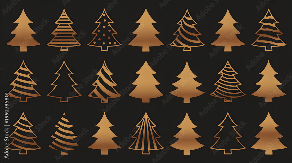 Obraz premium Golden Christmas Trees with Festive Patterns on Dark Background