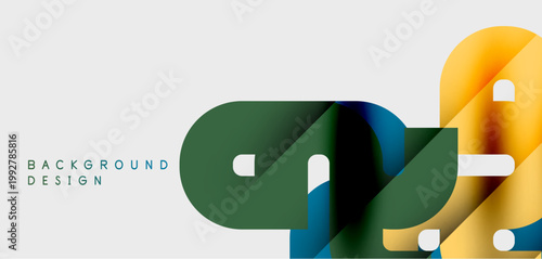 Abstract design features overlapping shapes, colors include green, blue, yellow. Minimalist style, clean background, modern aesthetic.