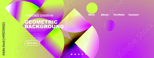 Vibrant abstract design features geometric shapes, gradients. Website header includes navigation options, text elements. Modern, colorful presentation.