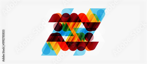 Abstract geometric shapes overlap, creating vibrant colorful design. Modern composition with dynamic visual impact.