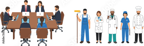 Professional workers vector illustration set, business meeting team and various occupations including doctor engineer chef and technician isolated on white background