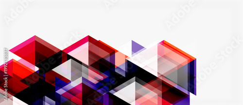 Abstract geometric shapes, vibrant colors, modern design. Red, purple, gray elements create dynamic composition. Minimalist aesthetic.