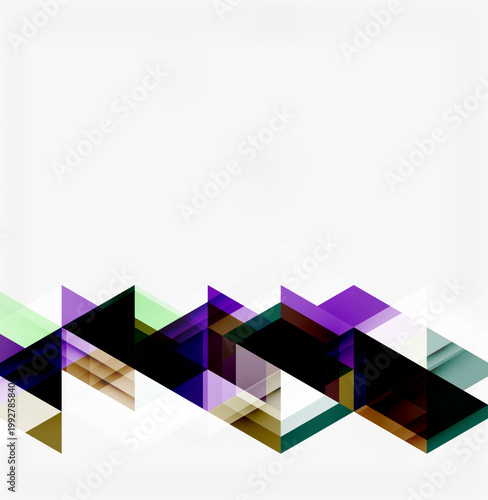 Abstract geometric design. Overlapping triangles create dynamic texture, bottom portion filled with color variations. White space dominates.