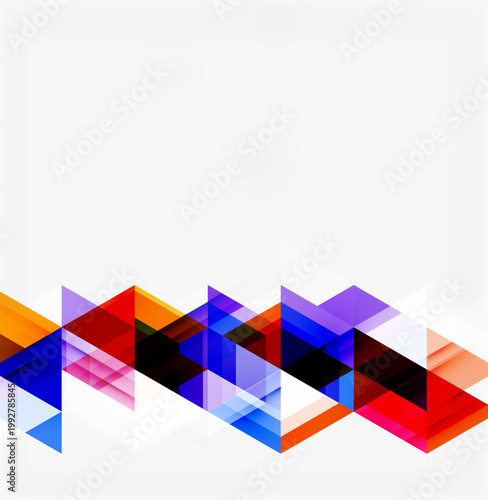 Abstract geometric shapes overlap, creating vibrant colorful pattern. White space dominates top portion. Modern design element.