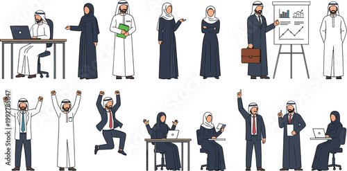 Arab business people and professionals vector illustration set, men and women in traditional clothing working, presenting, celebrating and using laptop isolated on white