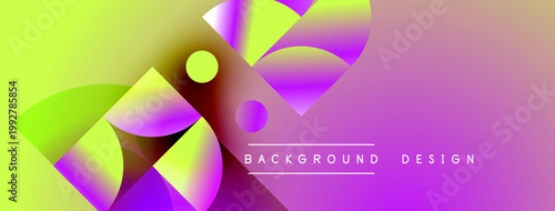 Abstract geometric shapes blend vibrant purple, yellow hues. Modern design features overlapping curves, circles, text elements.