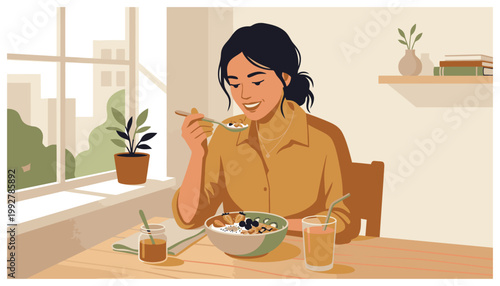 Woman eating breakfast at home.