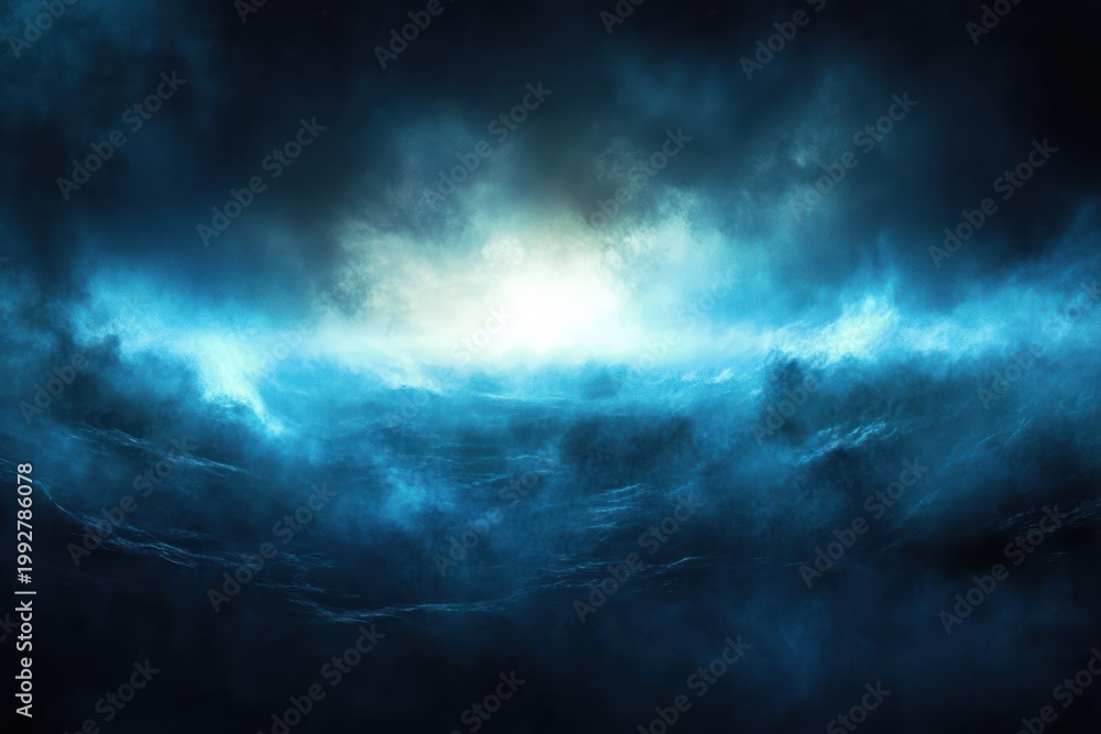 Fototapeta premium turbulent dark ocean beneath storm clouds with glowing blue horizon, swirling mist and dramatic eerie light conveying tension and solitude