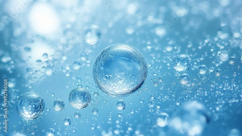 close-up of translucent air bubbles suspended in blue water with sparkling highlights and a calm, refreshing mood