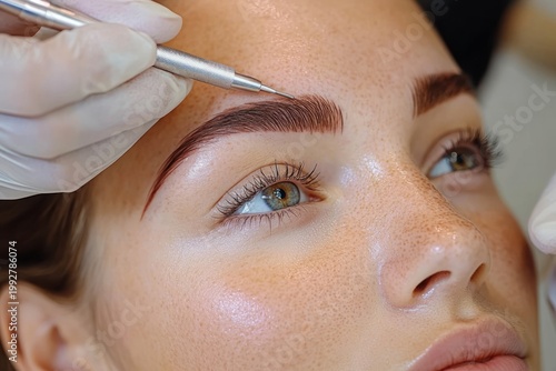 Gloved hand using a precision tool to shape an eyebrow in a close-up cosmetic procedure, conveying careful focused clinical grooming and delicate touch