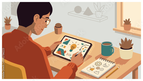 person using tablet at wooden desk.