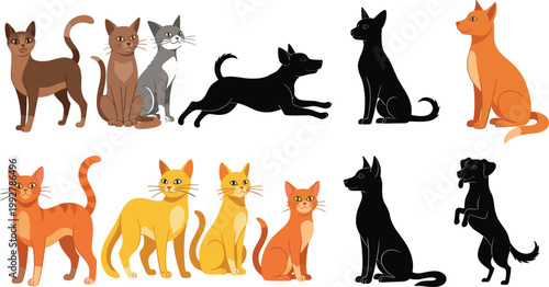 Collection of cat silhouettes and colored feline characters vector set, different poses of domestic cats including sitting, jumping and standing isolated on white
