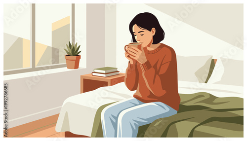 Woman sitting on bed drinking coffee.