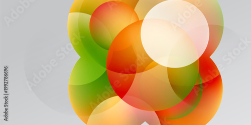 Abstract colorful circles overlap, creating vibrant visual effect. Soft gradients blend hues, forming dynamic composition.
