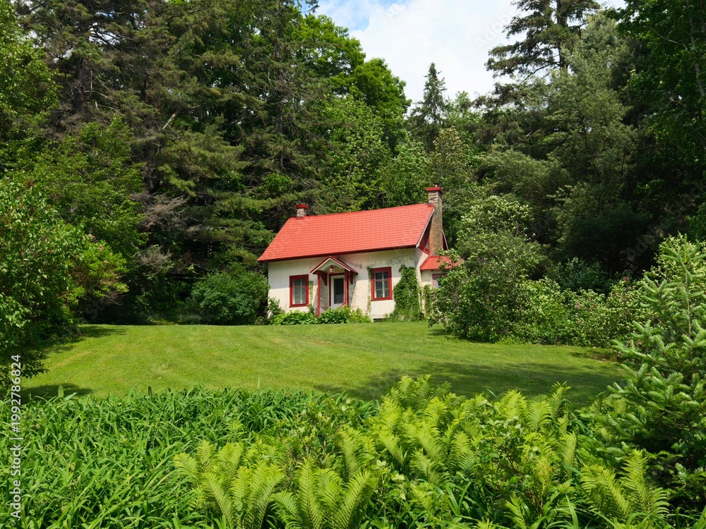Fototapeta premium Small charming cottage house with a bright red roof nestled inside a lush green forest