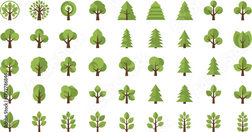 Collection of green trees vector icons set, various forest and garden tree shapes including deciduous and pine trees flat style isolated on white