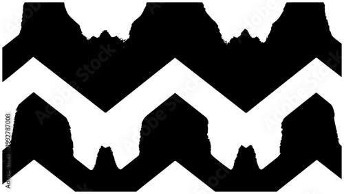 Abstract geometric pattern featuring repeating thick chevron shapes and irregular jagged forms in a striking black and white graphic design creating a dynamic visual texture
