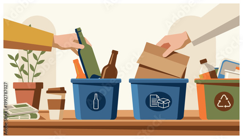 Sorting recyclable waste into separate bins.