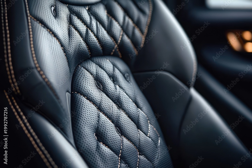 Obraz premium Close-up of black perforated quilted leather car seat with tan contrast stitching and bolstered contours conveying luxurious comfort and refined craftsmanship