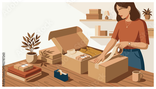 Woman packing boxes with care indoors.