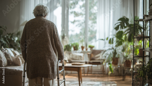 Senior Walking Alone At Home With Morning Light And Peaceful Lifestyle Concept