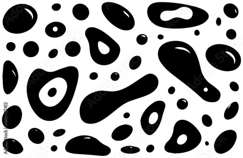 Abstract organic shapes resembling amoebas and cells in solid black fill scattered across a clean white background creating a dynamic and fluid composition perfect for scientific