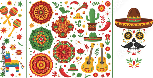 Colorful Mexican fiesta vector set with sombrero, guitar, cactus, chili peppers and decorative ornaments, vibrant folk art elements for celebration and Cinco de Mayo design