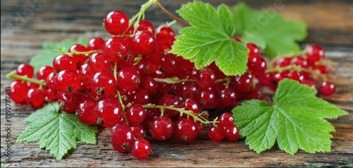 The Red Currants on a Rustic Wooden Surface with Fresh Green Leaves