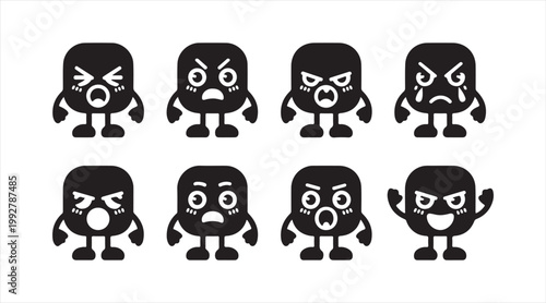 Cute emoji style figures showing different moods isolated on white background