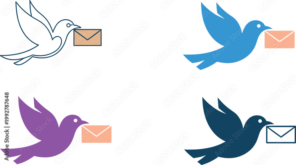 Fototapeta premium Mail Delivery Bird Icons Message Sending Communication Envelope Illustration Set