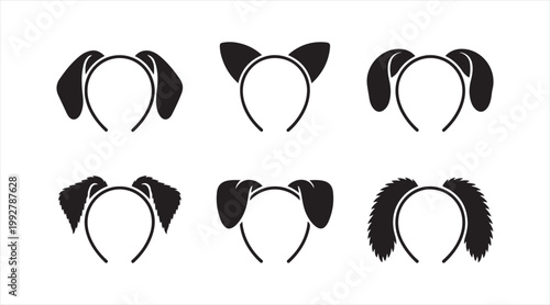 Cute headband icons with cat dog bunny and bear ears isolated on white