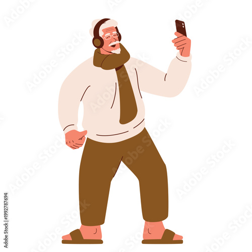 elderly man happily listening to music using headphone illustration