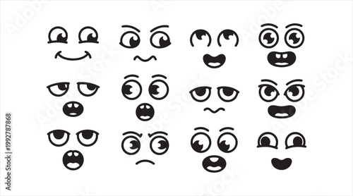 Cartoon facial expressions set with eyes and mouths in emoji style silhouettes