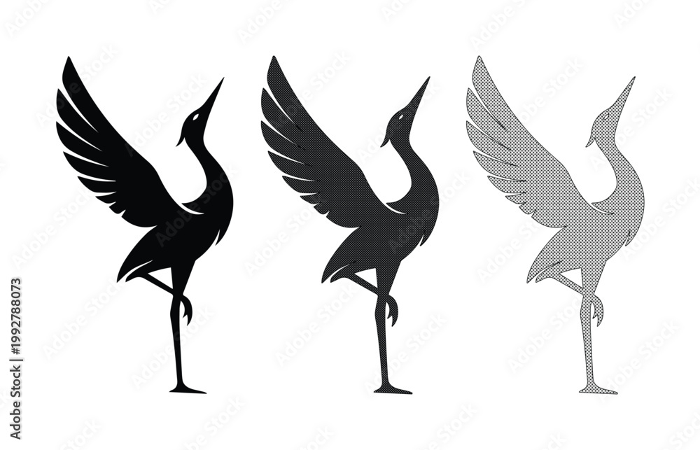 Fototapeta premium Minimalist crane bird silhouette icons, elegant heron and stork vector set, black and grey standing bird illustrations for logo design and branding