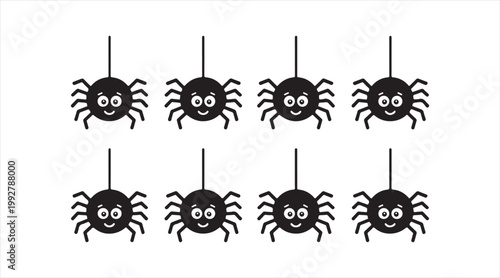 Creepy black spider icon set isolated on white background for horror themes