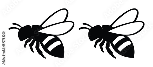 Minimalist honey bee silhouettes, black and white flying bumblebee icons, simple insect vector graphics for nature branding and logo design